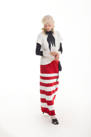Contemporary Striped A-Line Skirt, Black Floral Detail – Red