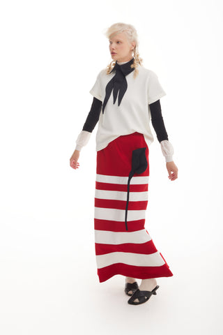 Contemporary Striped A-Line Skirt, Black Floral Detail – Red