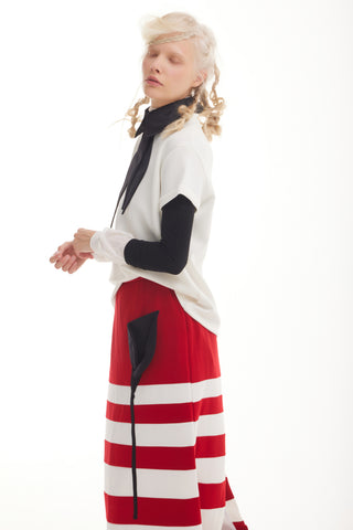 Contemporary Striped A-Line Skirt, Black Floral Detail – Red
