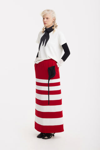Contemporary Striped A-Line Skirt, Black Floral Detail – Red