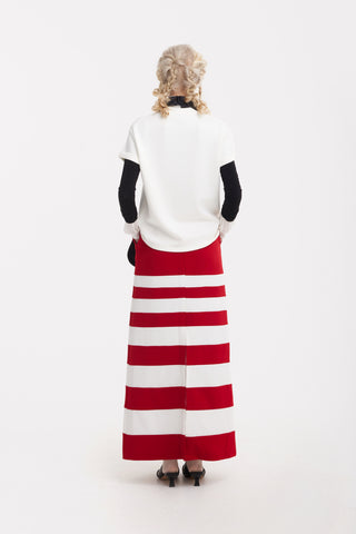 Contemporary Striped A-Line Skirt, Black Floral Detail – Red