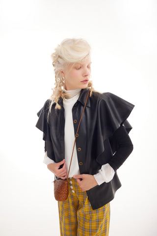Draped Faux Leather Shirt – Black