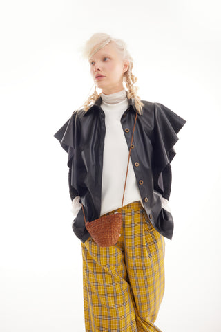 Draped Faux Leather Shirt – Black