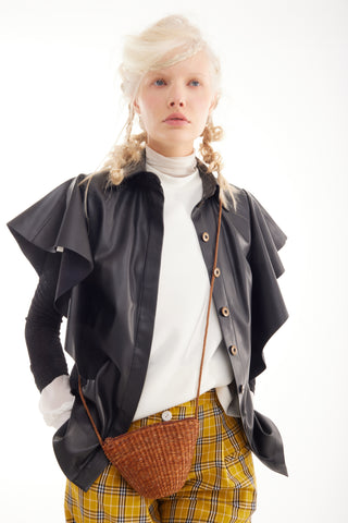 Draped Faux Leather Shirt – Black