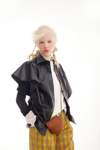 Draped Faux Leather Shirt – Black