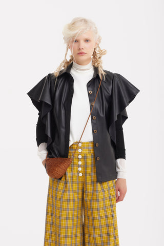 Draped Faux Leather Shirt – Black