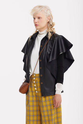 Draped Faux Leather Shirt – Black