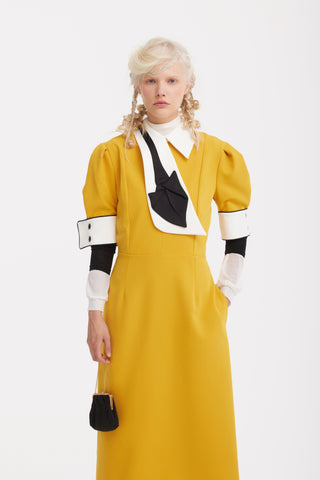 Formal Fitted Dress With White Collar - Office To Evening Style Mustard Yellow