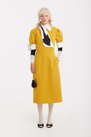 Formal Fitted Dress With White Collar - Office To Evening Style Mustard Yellow