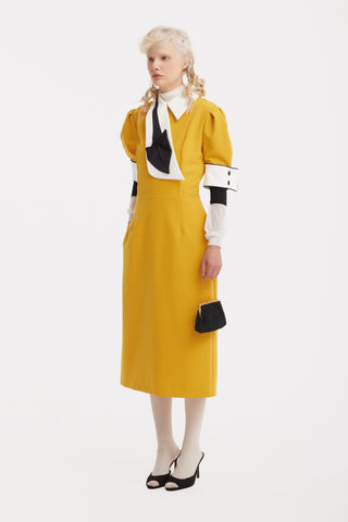 Formal Fitted Dress With White Collar - Office To Evening Style Mustard Yellow