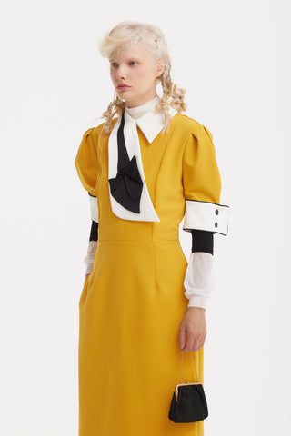 Formal Fitted Dress With White Collar - Office To Evening Style Mustard Yellow