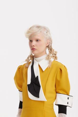 Formal Fitted Dress With White Collar - Office To Evening Style Mustard Yellow