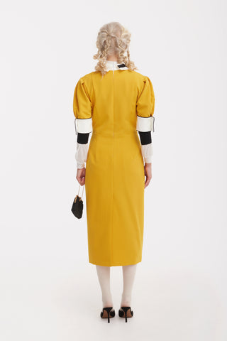 Formal Fitted Dress With White Collar - Office To Evening Style Mustard Yellow