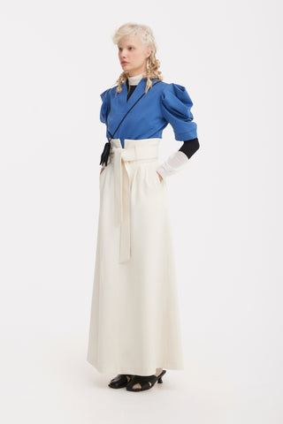 Ecru High Waist A-Line Long Skirt With Belt