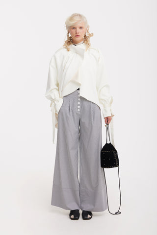 High Neck Draped Cotton Blouse - White