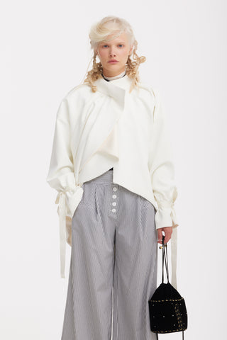High Neck Draped Cotton Blouse - White
