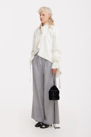 High Neck Draped Cotton Blouse - White