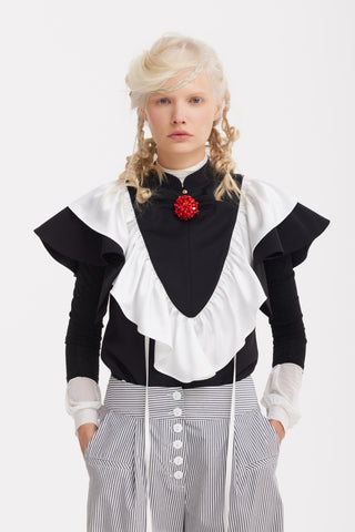 Ruffled Bib Collar With Red Beaded Brooch – Black