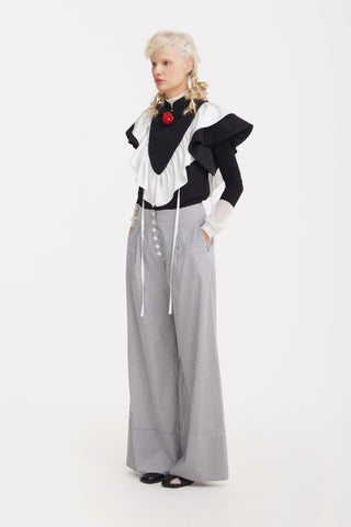 Button Front Palazzo Trousers - Blue Stripe