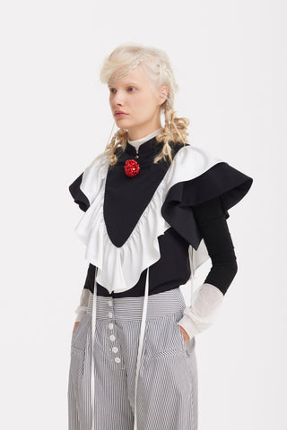 Ruffled Bib Collar With Red Beaded Brooch – Black