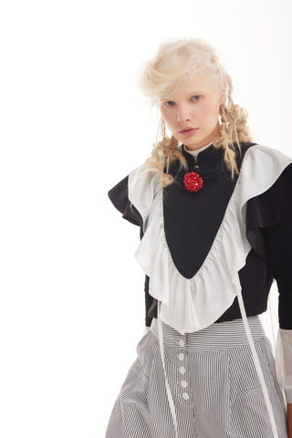Ruffled Bib Collar With Red Beaded Brooch – Black