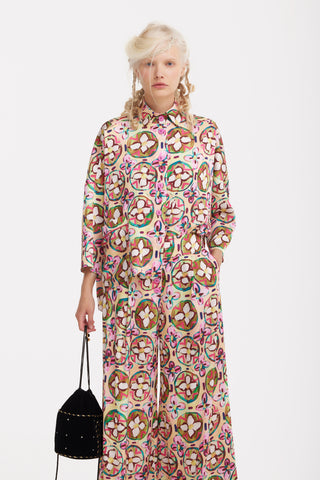 Abstract Print Satin Shirt & Wide Leg Trousers Co-Ord Set