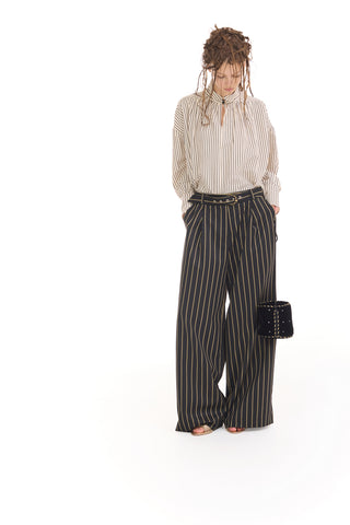 High-Waisted Wide-Leg Pinstripe Palazzo Trousers – Black