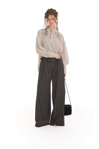High-Waisted Wide-Leg Pinstripe Palazzo Trousers – Black