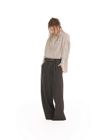 High-Waisted Wide-Leg Pinstripe Palazzo Trousers – Black