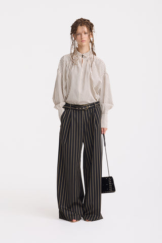 High-Waisted Wide-Leg Pinstripe Palazzo Trousers – Black