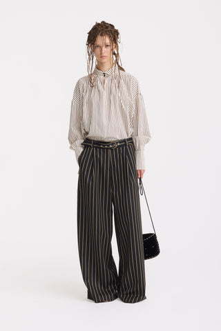 High-Waisted Wide-Leg Pinstripe Palazzo Trousers – Black