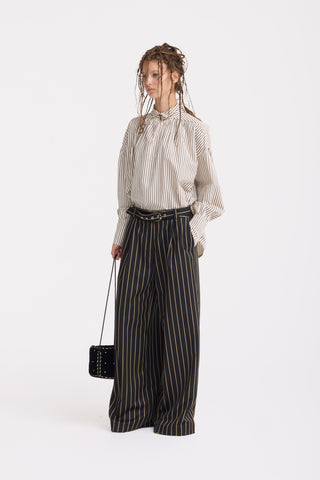 High-Waisted Wide-Leg Pinstripe Palazzo Trousers – Black