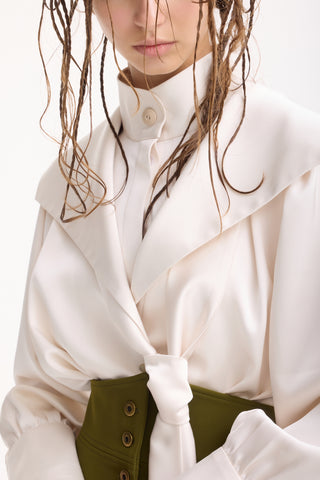 Satin Sailor Collar Tie Front Blouse – Ivory