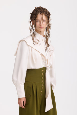 Satin Sailor Collar Tie Front Blouse – Ivory