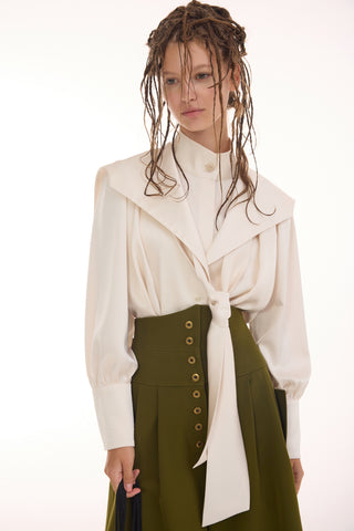Satin Sailor Collar Tie Front Blouse – Ivory