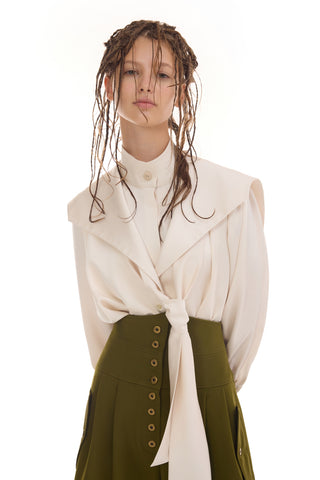 Satin Sailor Collar Tie Front Blouse – Ivory