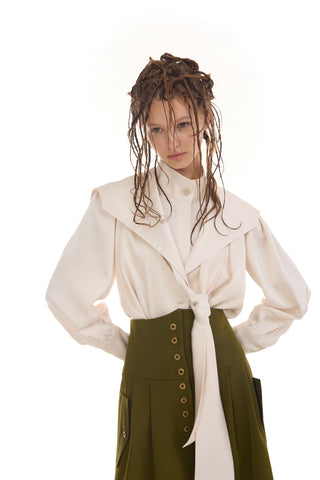 Satin Sailor Collar Tie Front Blouse – Ivory