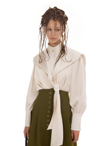Satin Sailor Collar Tie Front Blouse – Ivory