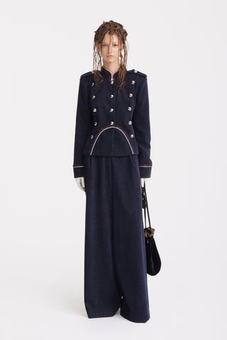 Velvet-Textured Wide-Leg Tailored Trousers – Navy