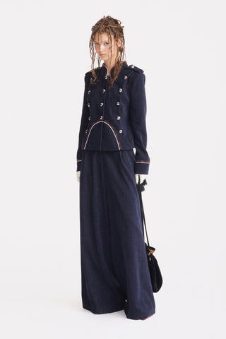 Velvet-Textured Wide-Leg Tailored Trousers – Navy