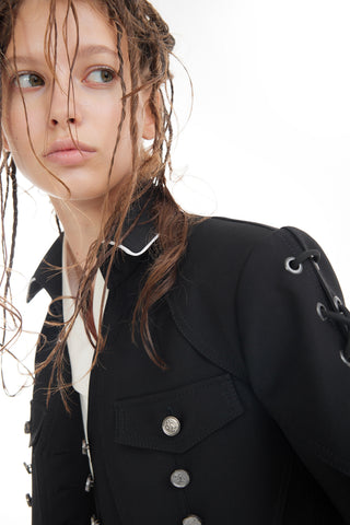 Designer Lace-Up Cropped Utility Jacket – Black