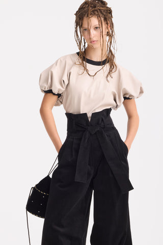 Contrast Leather Trim Puff Sleeve Blouse - Ivory & Black