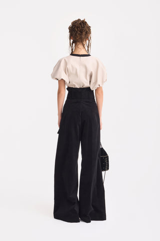 Contrast Leather Trim Puff Sleeve Blouse - Ivory & Black