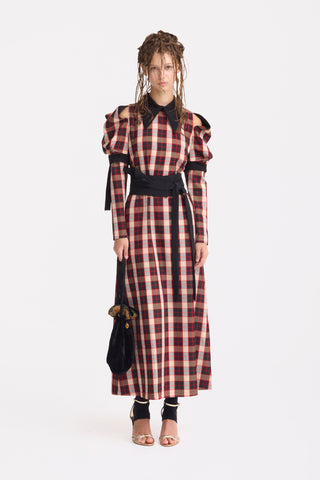 Stylish Cold Shoulder Long Sleeve Dress With Belt Red Check