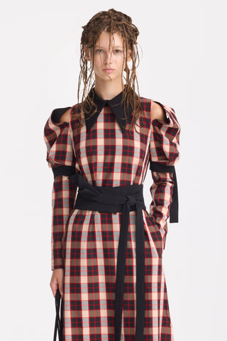 Stylish Cold Shoulder Long Sleeve Dress With Belt Red Check