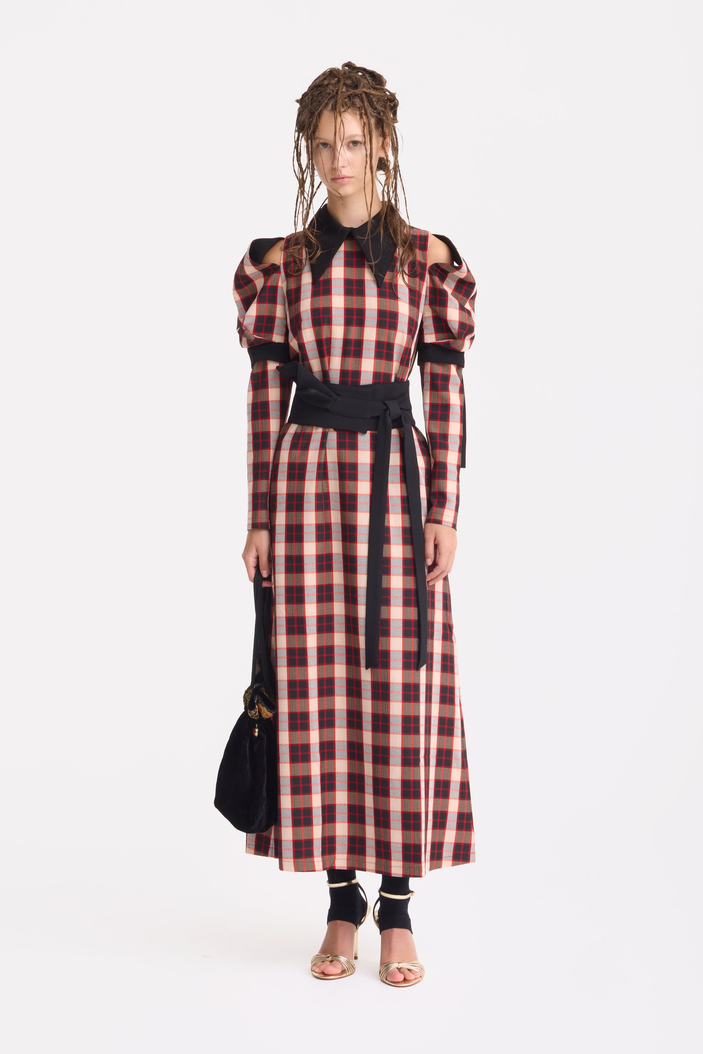 Stylish Cold Shoulder Long Sleeve Dress With Belt Red Check