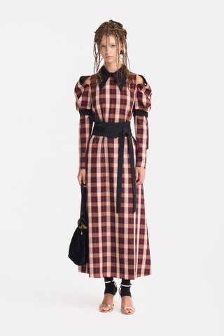 Stylish Cold Shoulder Long Sleeve Dress With Belt Red Check