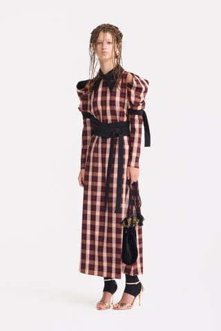 Stylish Cold Shoulder Long Sleeve Dress With Belt Red Check
