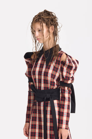 Stylish Cold Shoulder Long Sleeve Dress With Belt Red Check