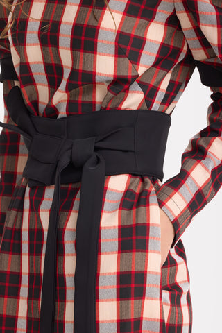 Stylish Cold Shoulder Long Sleeve Dress With Belt Red Check